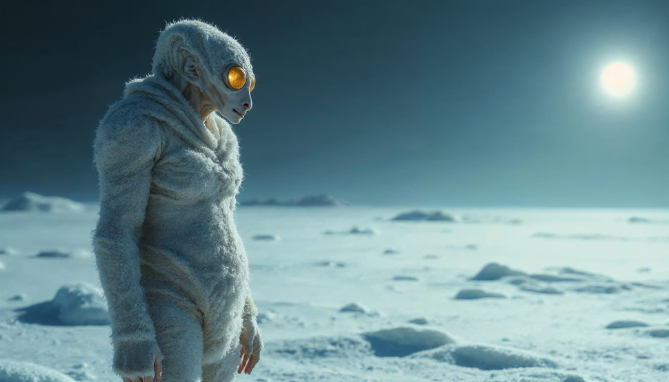 Trên Sao Diêm Vương, loài người sẽ nhỏ gọn, có lớp mỡ dày để giữ nhiệt và đôi mắt lớn để nhìn trong bóng tối.(Ảnh: Freepik/Future AI)