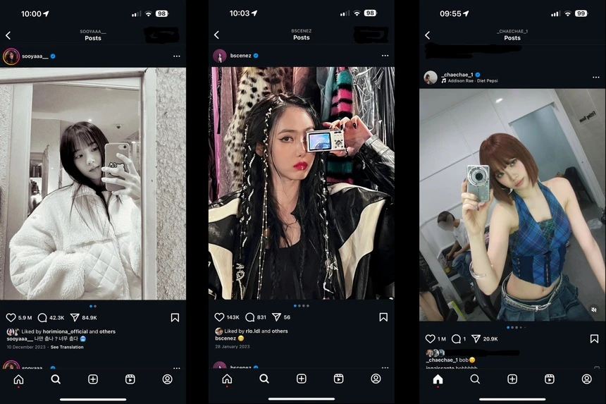 Các người nổi tiếng Hàn Quốc như Jisoo, SinB, và Chaewon cũng sử dụng iPhone cũ và máy ảnh số để tạo ra hình ảnh hoài cổ. (Ảnh: Znews)