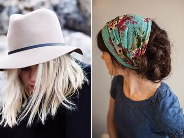 Khăn trùm đầu hoặc mũ: Mũ để chống nắng và khăn trùm đầu sẽ giúp bạn bảo vệ tóc khỏi những hư tổn nắng nóng. Ngoài ra đây cũng là cách giúp bạn trông thời trang và để tóc khỏi lòa xòa trước mặt khi đi chơi. 