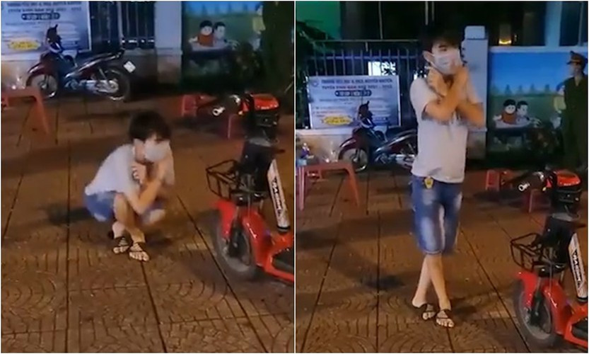 Nam thanh niên này vì mắc phải sai phạm là ra đường không lý do chính đáng ngày giãn cách nên bị cán bộ công an bắt quả tang.