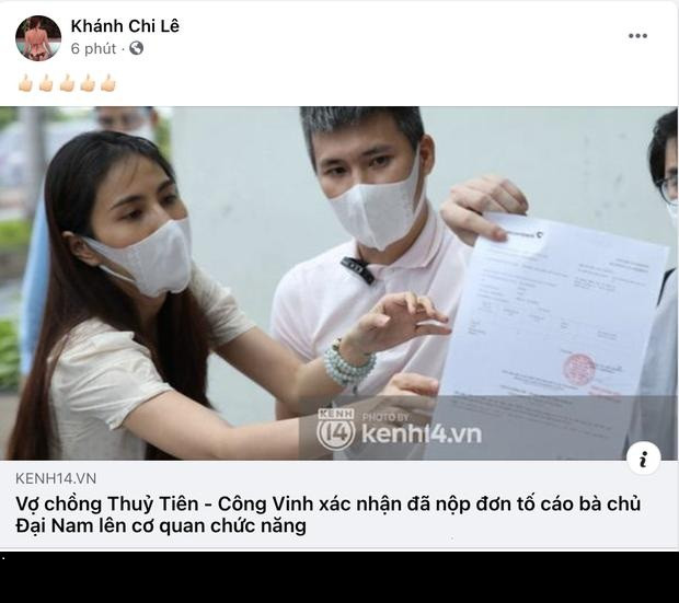 Cụ thể, em gái Công Vinh - Lê Khánh Chi đã chia sẻ lại bài viết của báo chí nói về vụ kiện của Thủy Tiên và thả icon "tán thành" như một sự ủng hộ.