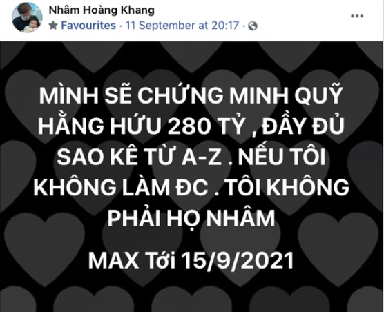 Trước đó, Nhâm Hoàng Khang bố sẽ tung toàn bộ sao kê Quỹ từ thiện "Hằng Hữu" 280 tỷ đồng.