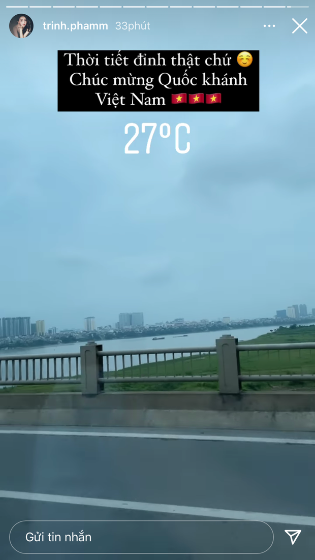 Beauty blogger Trinh Phạm cũng hoà theo không khí nô nức vào ngày 2/9 trên MXH, cô đăng tải : "Chúc mừng Quốc khánh Việt Nam".
