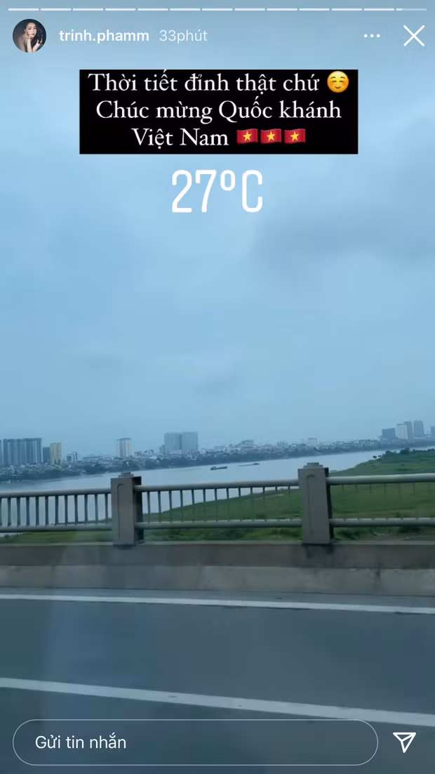 Beauty blogger Trinh Phạm cũng hoà theo không khí nô nức vào ngày 2/9 trên MXH, cô đăng tải : "Chúc mừng Quốc khánh Việt Nam".