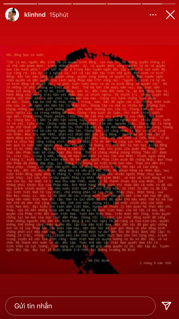Nàng hot girl Khánh Linh cũng đăng ảnh Bác Hồ và Tuyên ngôn độc lập mà Bác đọc vào sáng 2/9/1945.