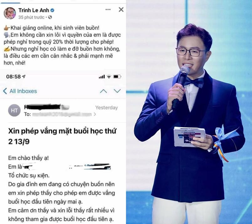 Mới đây, MC Lê Anh gây xôn xao khi có bài đăng "mỉa mai" sinh viên khi gửi email để xin phép thầy vắng mặt vì gia đình có chuyện buồn.