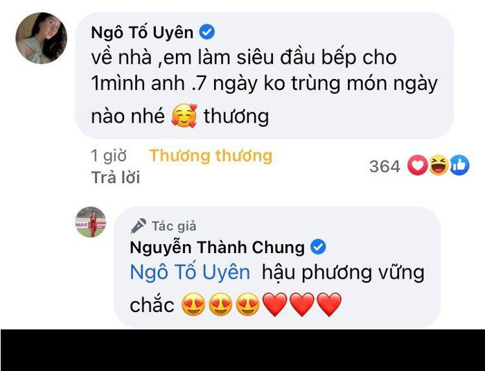Bạn gái Thành Chung để lại lời động viên ngọt ngào dành cho bạn trai khiến netizen không khỏi ghen tị: “Về nhà, em làm siêu đầu bếp cho 1 mình anh. 7 ngày không trùng món nào nhé. Thương”.