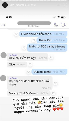 Meo Meo cũng từng khiến cư dân mạng trầm trồ khi tiết lộ cô tặng mẹ 500 triệu đồng nhân dịp Ngày của mẹ. Màn tặng quả "khủng" của Meo Meo khiến ai cũng ngưỡng mộ trước sự quan tâm của cô dành cho đấng sinh thành. Đặc biệt, cách xưng hộ "mẹ" là "chị" của cô cũng khiến nhiều người thích thú.