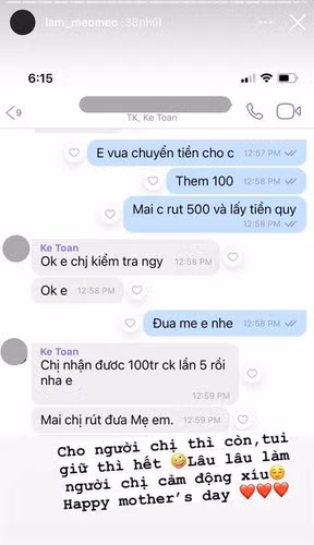 Meo Meo cũng từng khiến cư dân mạng trầm trồ khi tiết lộ cô tặng mẹ 500 triệu đồng nhân dịp Ngày của mẹ. Màn tặng quả "khủng" của Meo Meo khiến ai cũng ngưỡng mộ trước sự quan tâm của cô dành cho đấng sinh thành. Đặc biệt, cách xưng hộ "mẹ" là "chị" của cô cũng khiến nhiều người thích thú.
