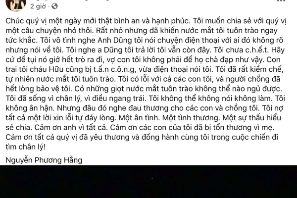 Mới đây, vào lúc sáng sớm nữ CEO khu du lịch Đại Nam bất ngờ đăng tải tâm thư khá dài khiến nhiều người cảm động về tình cảm của chồng và các con đã dành cho mình.