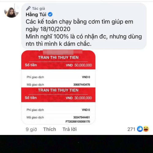 Trước đó, hot mom đình đám nhờ cư dân mạng vào cuộc tìm tờ sao kê của Thuỷ Tiên có lệnh chuyển khoản của mình.