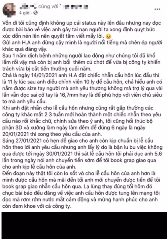 Ngoài ra, Huỳnh Anh từng bị một tài khoản Facebook tên L.V nhận là nhân viên bán nhẫn cầu hôn tố “mượn uy” người nổi tiếng để bắt cửa hàng thu mua lại nhẫn sau khi cầu hôn với 100% giá gốc.