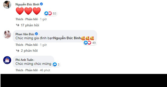 Ngay khi vợ Chim Sẻ báo tin vui, một số người bạn thân thiết của cặp đôi như cầu thủ Phan Văn Đức và streamer Tuấn Tiền Tỉ cũng đã vào gửi lời chúc mừng.