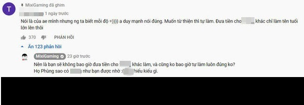 Sau đó Độ Mixi đã đưa ra lời đáp trả: "Nên là bạn sẽ không bao giờ đưa tiền cho người khác làm, và cũng không bao giờ tự làm luôn đúng không? Họ Phùng sao có người như bạn được ...". Ngoài ra, nam streamer còn ghim luôn cả đoạn bình luận của thanh niên T.P. lên đầu mục bình luận của đoạn video.