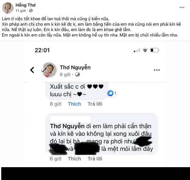 Đứng trước những nhắc khéo này, Thơ Nguyễn cũng đã có phản hồi cực căng. Cụ thể, cô cho biết làm việc tốt khoe để lan toả thôi mà cũng có nhiều ý kiến. "Xin phép anh chị cho em không "kín kẽ" được không? Em làm bằng tiền của em mà cũng nói em phải "kín kẽ" nữa".