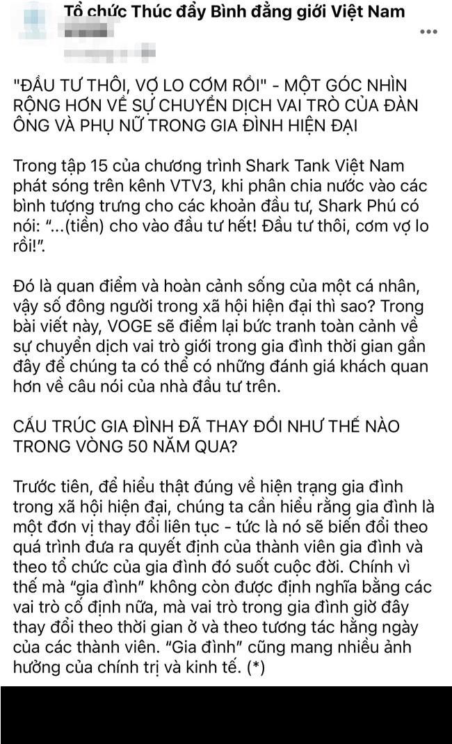 Cụ thể, một page trên Facebook về bình đẳng giới đã dùng câu nói: "Ăn uống, các thứ thì vợ lo hết rồi" của Shark Phú làm tiêu đề để nhắc đến quan điểm chuyển dịch vai trò của đàn ông và phụ nữ trong gia đình ngày nay.