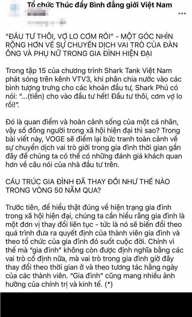 Cụ thể, một page trên Facebook về bình đẳng giới đã dùng câu nói: "Ăn uống, các thứ thì vợ lo hết rồi" của Shark Phú làm tiêu đề để nhắc đến quan điểm chuyển dịch vai trò của đàn ông và phụ nữ trong gia đình ngày nay.