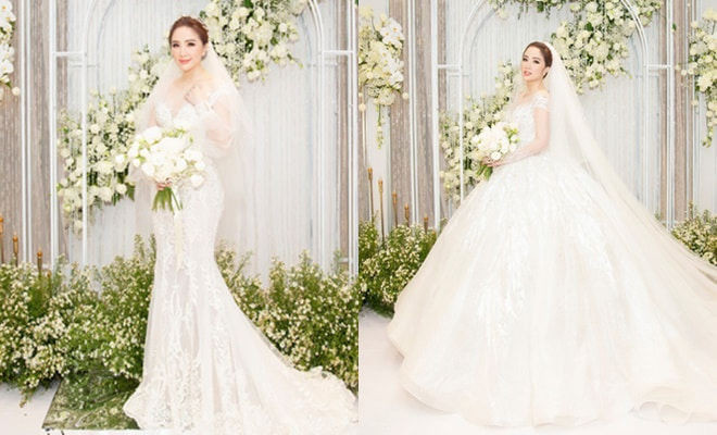 Đám cưới của Bảo Thy không chỉ gây choáng ngợp vì không gian tổ chức mà thiết kế váy cưới cũng rất xa hoa.