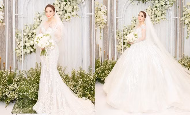 Đám cưới của Bảo Thy không chỉ gây choáng ngợp vì không gian tổ chức mà thiết kế váy cưới cũng rất xa hoa.