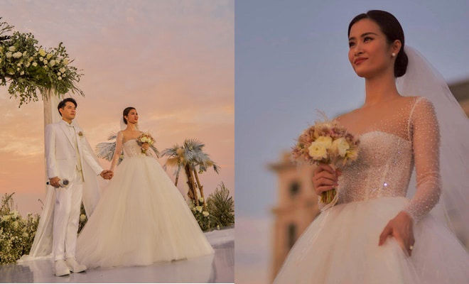 Trong đám cưới diễn ra vào năm 2019, nữ ca sĩ Đông Nhi cũng khiến dân tình không khỏi trầm trồ khi chưng diện đến 4 mẫu thiết kế váy cưới khác nhau. Trong đó, chiếc váy cưới chính của Đông Nhi được lấy cảm hứng từ những giọt sương và được dự đoán có giá trị không dưới 200 triệu đồng.