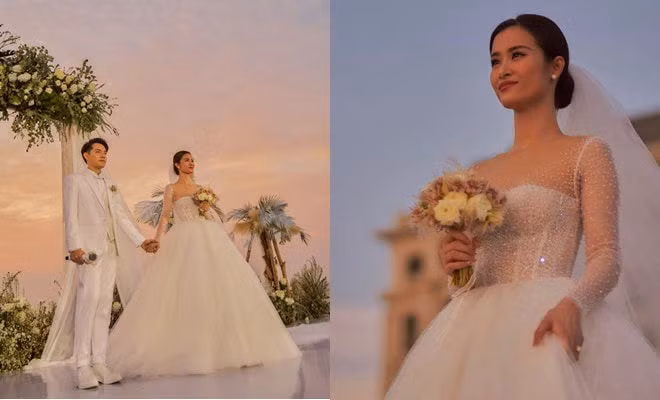 Trong đám cưới diễn ra vào năm 2019, nữ ca sĩ Đông Nhi cũng khiến dân tình không khỏi trầm trồ khi chưng diện đến 4 mẫu thiết kế váy cưới khác nhau. Trong đó, chiếc váy cưới chính của Đông Nhi được lấy cảm hứng từ những giọt sương và được dự đoán có giá trị không dưới 200 triệu đồng.