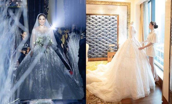 Trong hôn lễ với ông xã doanh nhân, Bảo Thy cũng chuẩn bị trang phục cưới rất cầu kỳ. Trong đó, phần đa các thiết kế đều được đính pha lê, giúp chủ nhân buổi tiệc hóa thân thành một nàng công chúa lộng lẫy kiêu sa. Ngoài ra, vì những thiết kế này đều có tông màu trắng và sử dụng chất liệu ren cao cấp chủ đạo nên giá trị càng thêm đắt đỏ.