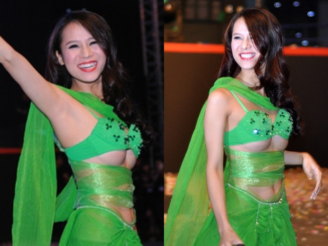 Chân dài Thái Hà cũng từng điêu đứng với biên bản từ Sở Văn hóa cho bộ trang phục xanh ngọc bích hở bạo này. Ảnh: Internet.