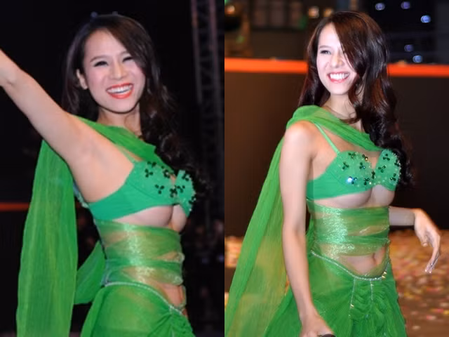 Chân dài Thái Hà cũng từng điêu đứng với biên bản từ Sở Văn hóa cho bộ trang phục xanh ngọc bích hở bạo này. Ảnh: Internet.