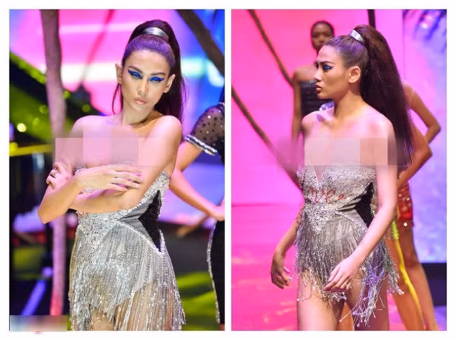 Phát hiện chiếc váy cúp ngực sắp tụt, Võ Hoàng Yến nhanh trí dùng tay che chắn để bảo vệ hình ảnh trước công chúng.