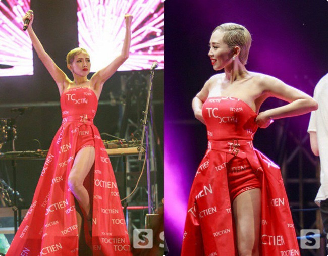 Tóc Tiên chọn đầm cup ngực khi hát và lúc thực hiện vũ đạo quá sung làm váy tụt. Cô nhanh trí kéo váy lên và bình tĩnh hoàn thành nốt bài hát.