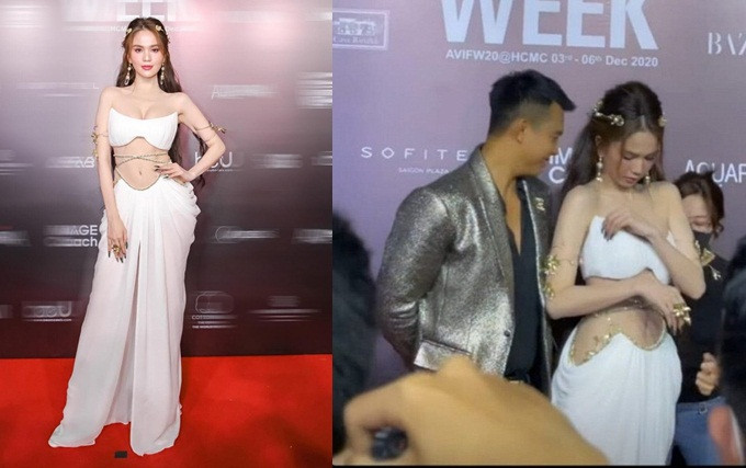 Tại tuần lễ thời trang quốc tế Việt Nam, vì ham diện trang phục hớ hênh,Ngọc Trinh suýt gặp sự cố “lộ hàng”. Lúc đó, “nữ hoàng nội y” hồn nhiên kéo áo chỉnh lại vòng 1 trước hàng trăm người và đồng nghiệp nam là NTK Đỗ Long.