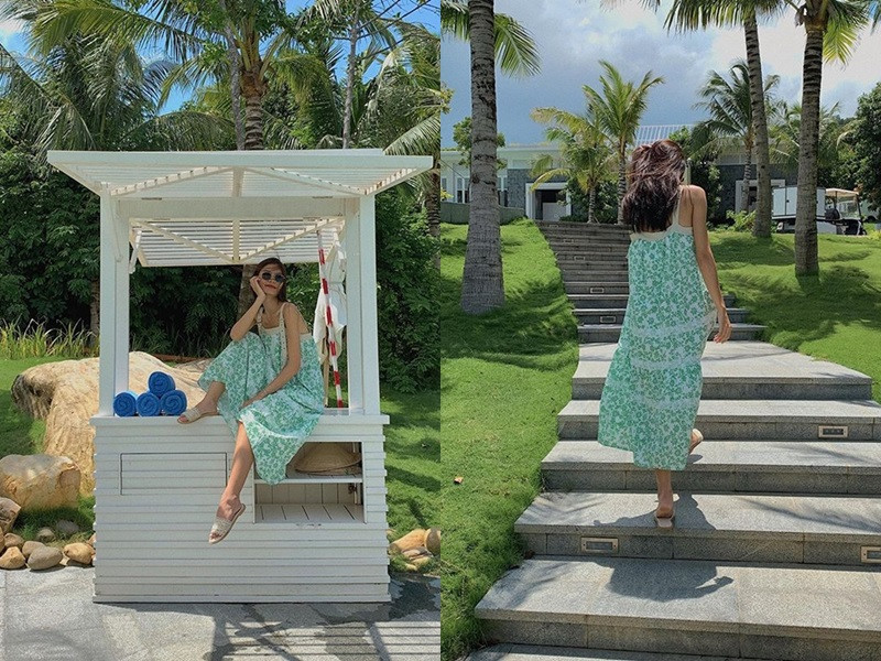 Bộ váy in hoa màu “bạc hà” thích hợp cho những chuyến du lịch xa trong ngày Thu mát mẻ.