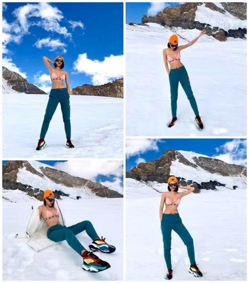 Người mẫu Minh Triệu cũng khiến cư dân mạng không khỏi thắc mắc về mục đích mặc bikini giữa tiết trời khắc nghiệt để làm gì.