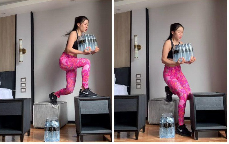 Yến Xuân tập tành mướt mồ hôi với 2 chiếc kệ kê đầu giường, 1 cái ghế và 2 lốc nước lọc.