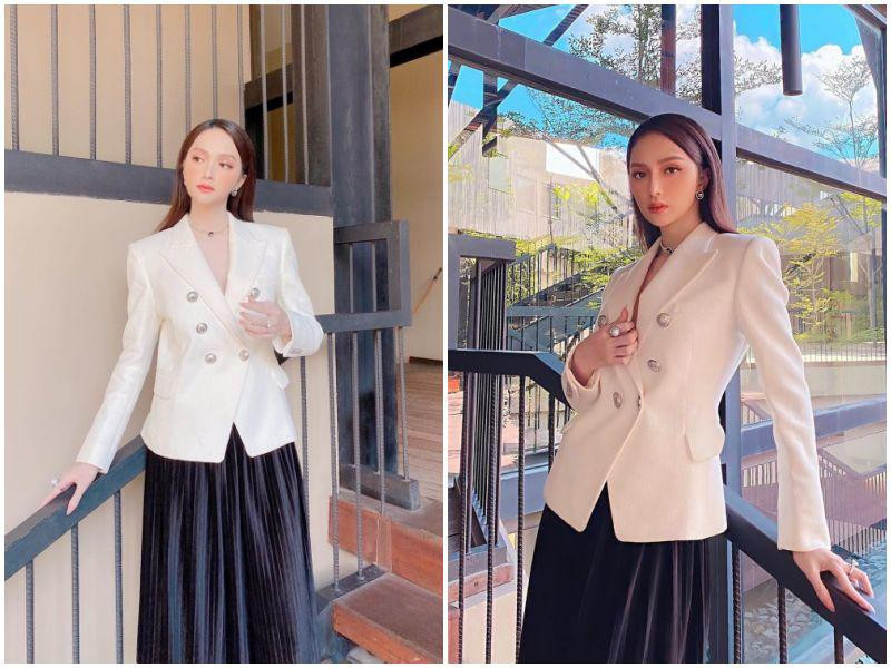 Set chân váy dài và áo vest của Hương Giang quá đỗi thành lịch mà chị em công sở có thể học hỏi.