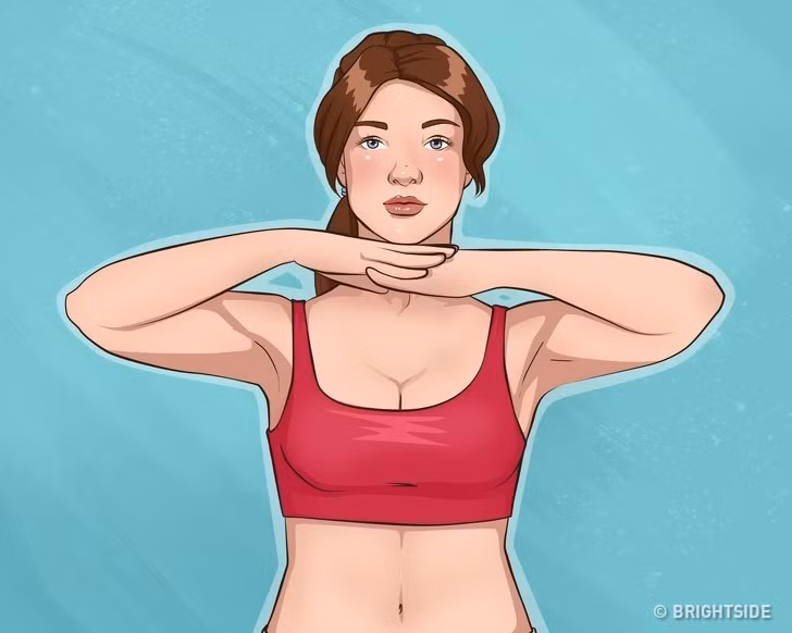 1. Tay chấp dưới cằm: Đưa cánh tay thấp xuống trước mặt bạn, giữ khuỷu tay ngang tầm vai. Đặt một lòng bàn tay lên bàn tay kia, nhấn lòng bàn tay xuống bằng cằm. Giữ ở tư thế này trong khoảng 30s mỗi lần thực hiện.