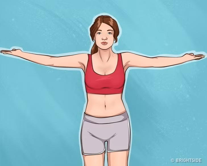 4. Dang tay: Giữ cơ thể thẳng, hai chân rộng ngang hông. Duỗi 2 tay song song với sàn nhà, và để lòng bàn tay hướng lên trên. Di chuyển bàn tay về phía sau càng nhiều càng tốt và sau đó trở lại vị trí ban đầu.