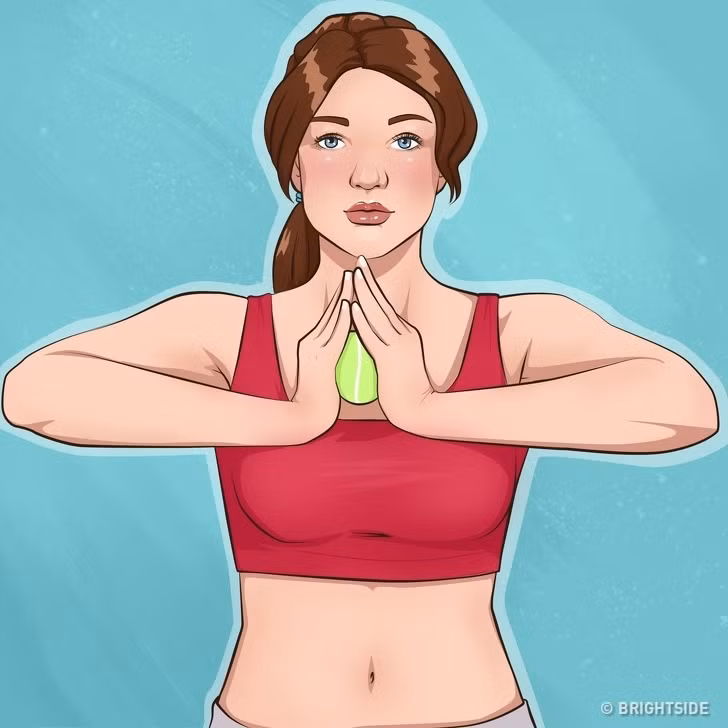 7. Giữ bóng tennis: Đứng thẳng, hai chân mở rộng bằng hông. Đặt một quả bóng tennis giữa lòng bàn tay ở ngang ngực của bạn. Đẩy hai cánh tay về phía nhau, siết chặt quả bóng tennis và sau đó thư giãn. Chú ý giữ khuỷu tay thẳng ở hai bên.