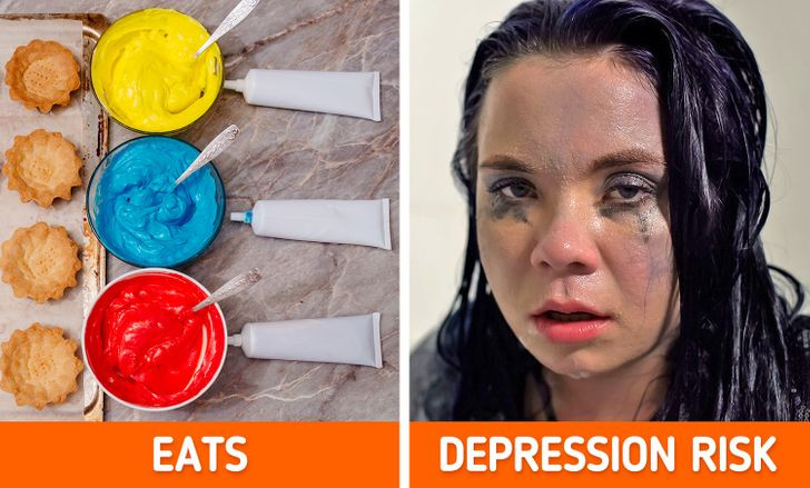 6. Màu thực phẩm: Màu nhuộm thực phẩm không chỉ được sử dụng trong kẹo và bánh rán, chúng thậm chí còn được thêm vào một số nhãn hiệu dưa chua, cá hồi hun khói và nước xốt salad. Trẻ em là đối tượng tiêu thụ thực phẩm có màu nhân tạo nhiều nhất. Các chuyên gia dinh dưỡng khuyên bạn nên tránh xa những thực phẩm có màu sắc rực rỡ.