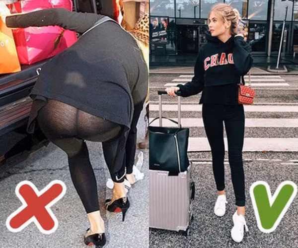 Legging có chất liệu mỏng: Không phải chiếc legging nào cũng có độ dày như nhau. Có những chiếc khi mặc lên người có thể khiến bạn xấu hổ vì lộ hàng. Ảnh: Internet.