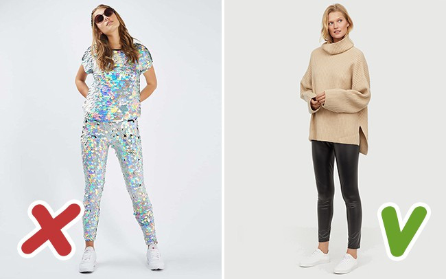 Mặc quần legging lóng lánh: Quần legging ôm sát màu ánh kim sáng chói lập tức khiến chúng ta liên tưởng tới những sàn nhảy của thập niên 80. Đây đã là mốt của rất nhiều năm về trước rồi. Đừng biến mình trở thành bà cô đồng bóng và kém hiện đại thêm nữa. Bạn hãy xếp hết chúng vào xó tủ và thay thế bằng quần legging màu lì hay giả da.