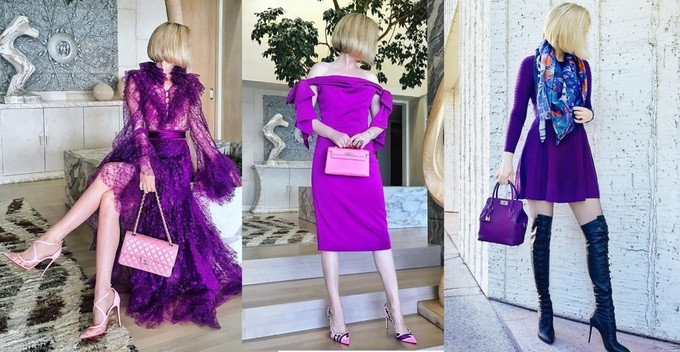 Lena thể hiện sự sành điệu khi phối đồ với tông màu tím lịm tìm sim "khó nhằn". Ảnh: Internet.