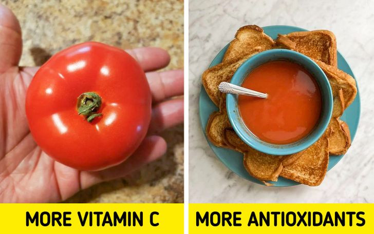 3. Cà chua: Chúng ta đã quen với việc ăn cà chua sống để bổ sung vitamin C. Tuy nhiên, các chuyên gia nói rằng khi cà chua được nấu chín, chúng có hàm lượng lycopene cao hơn nhiều. Và đây có thể là một chất chống oxy hóa mạnh hơn vitamin C. Ngoài ra, nấu chín cà chua có thể làm mềm chất xơ để chúng trở nên dễ tiêu hóa hơn.