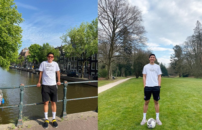 Quần đùi và áo phông trắng luôn là những trang phục đơn giản thường ngày được chàng trai gốc Thái Bình ưu ái.