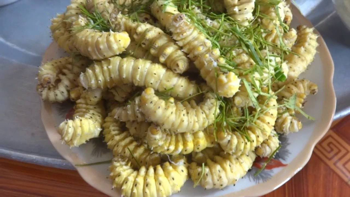 Sơ chế tằm cho vào chậu nước rồi khuấy đều cho hết bẩn, sau đó thả tằm vào trần qua nước sôi, chúng sẽ nhả hết tơ và duỗi thẳng người ra.