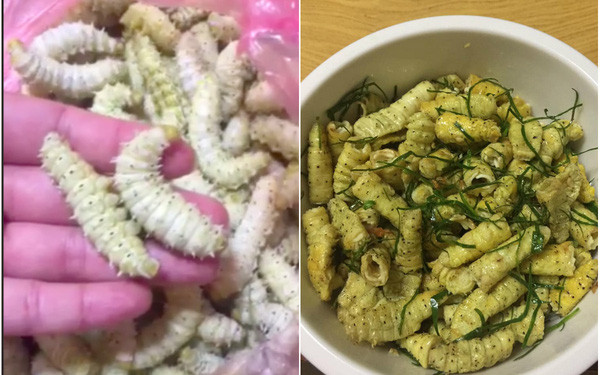 Tằm được bỏ vào chảo rang cùng với muối, đảo luôn tay để tránh bị khét. Khi những con tằm đã săn lại thì múc tằm ra đĩa, để riêng.