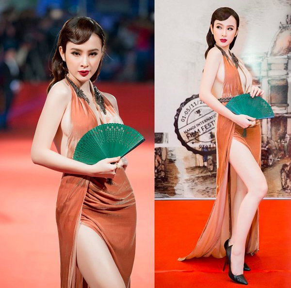 Chiếc đầm nhung khoét cổ sâu tới rốn và xẻ đùi cao tít của Angela Phương Trinh tại đêm tiệc Liên hoan phim quốc tế Hà Nội 2016 bị phê phán là hở hang quá đà.
