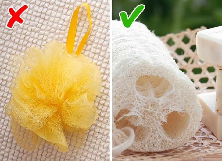 9. Bông tắm làm bằng vật liệu tự nhiên thay vì nhựa: Khi chọn bông tắm, hãy đảm bảo rằng bạn mua loại làm từ chất liệu tự nhiên. Bạn có thể chọn xơ mướp (khá mềm), xơ tầm ma (vừa phải) và xơ thực vật (cứng). Những vật liệu này an toàn cho sức khỏe của bạn, hoàn toàn có thể phân hủy sinh học, sử dụng đơn giản.