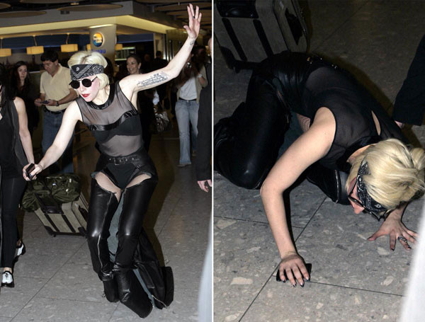 Là fan cuồng của loại giày đế khủng cao trên 20 cm, Lady Gaga không ít lần ngã “sấp mặt” vì chúng.