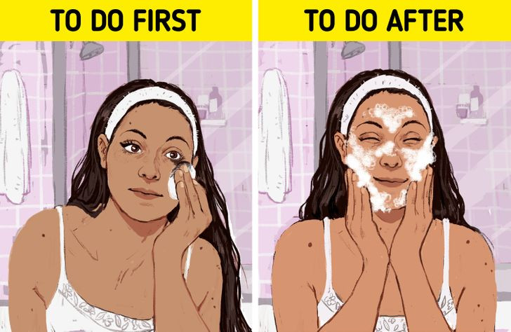 Làm sạch 2 lần: Đây là bước chăm sóc da mặt thiết yếu. Dầu tẩy trang sẽ giúp bạn loại bỏ lớp trang điểm hoặc cặn kem chống nắng tích tụ trên da. Thoa một vài giọt dầu tẩy trang lên da khô theo chuyển động tròn, rửa sạch bằng nước ấm và thấm khô bằng khăn sạch. Tiếp theo sử dụng sữa/gel rửa mặt để loại bỏ mồ hôi, da chết hoặc các hạt ô nhiễm. Thoa sản phẩm lên da ướt, massage theo chuyển động tròn, rửa sạch bằng nước ấm, lau khô bằng khăn sạch.